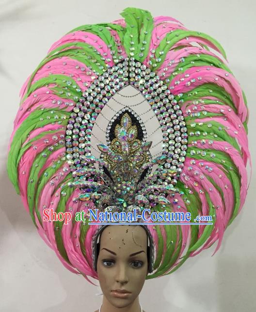 Custom-made Samba Dance Deluxe Green and Pink Feather Hair Accessories Brazilian Rio Carnival Headdress for Women