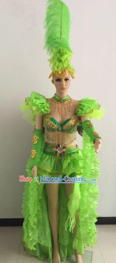 Brazilian Rio Carnival Samba Dance Costumes Catwalks Swimsuit and Green Feather Headdress for Women