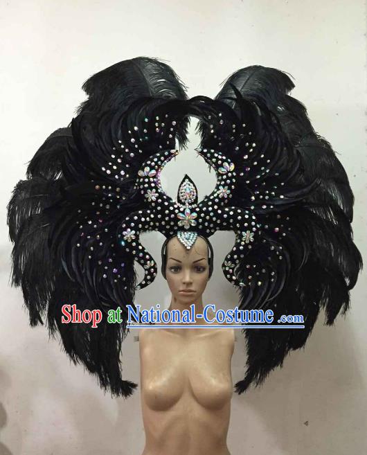 Customized Deluxe Black Feather Samba Dance Hair Accessories Brazilian Rio Carnival Headdress for Women