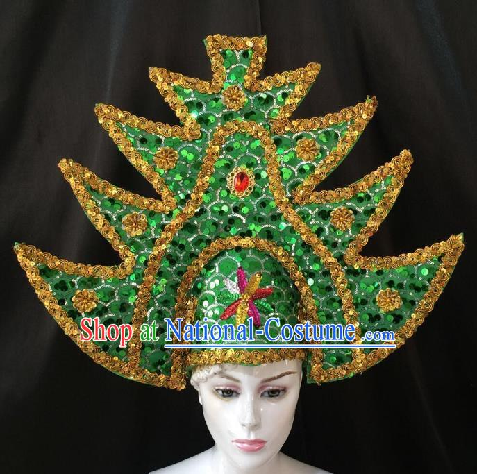 Professional Samba Dance Hair Accessories Brazilian Rio Carnival Green Sequins Headdress for Women