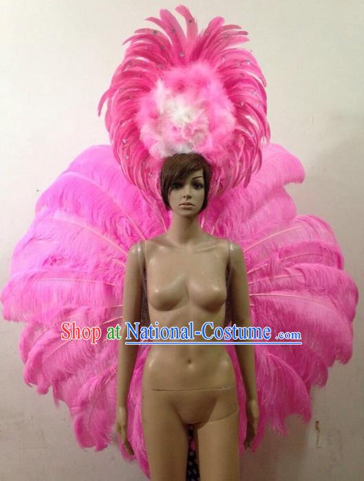 Customized Catwalks Props Brazilian Rio Carnival Samba Dance Pink Feather Deluxe Wings and Headwear for Women