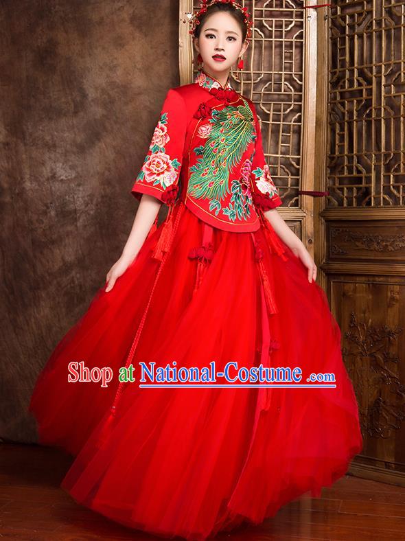 Traditional Chinese Bridal Costumes Ancient Bride Wedding Embroidered Phoenix XiuHe Suit for Women