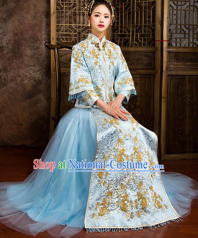 Traditional Chinese Bridal Costumes Ancient Bride Wedding Embroidered Beading Blue XiuHe Suit for Women