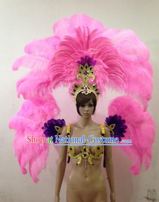 Customized Halloween Catwalks Props Brazilian Rio Carnival Samba Dance Pink Feather Deluxe Wings and Headwear for Women