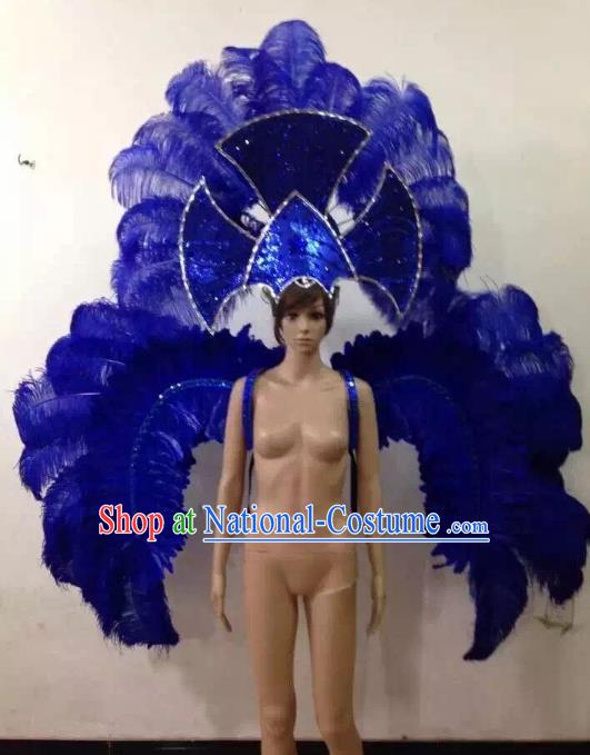 Customized Halloween Catwalks Props Brazilian Rio Carnival Samba Dance Royalblue Feather Deluxe Wings and Headwear for Women