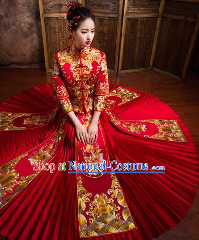 Traditional Chinese Bridal Costumes Ancient Bride Wedding Embroidered Peony Red XiuHe Suit for Women