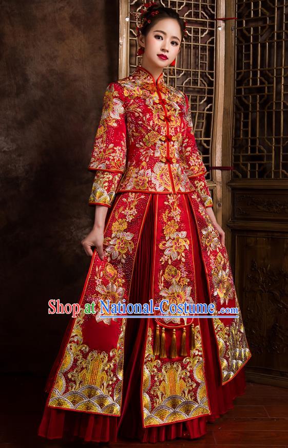 Traditional Chinese Bridal Costumes Ancient Bride Wedding Embroidered Peony Beads Red XiuHe Suit for Women