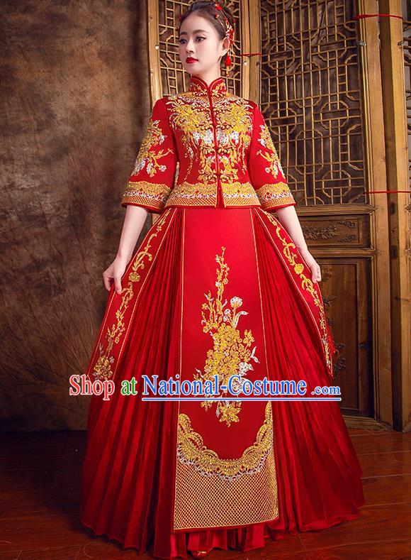 Traditional Chinese Bridal Costumes Ancient Bride Red Toast Clothing Wedding Embroidered Diamante XiuHe Suit for Women