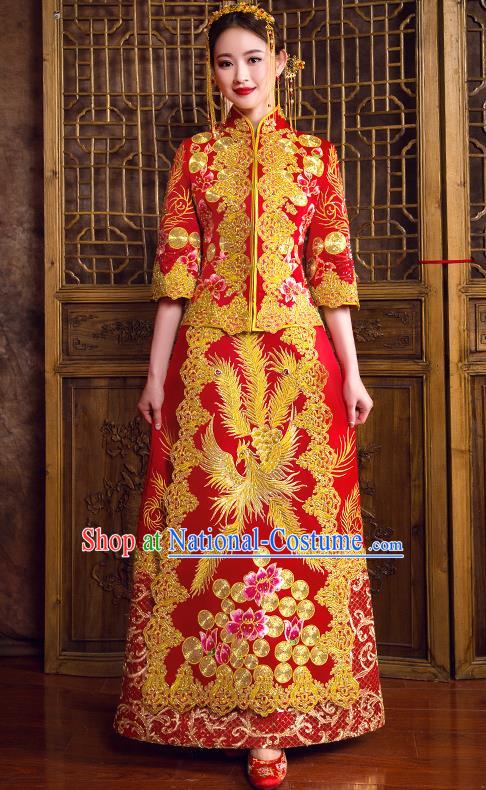 Traditional Chinese Bridal Costumes Ancient Bride Red Toast Clothing Wedding Embroidered Diamante Phoenix XiuHe Suit for Women