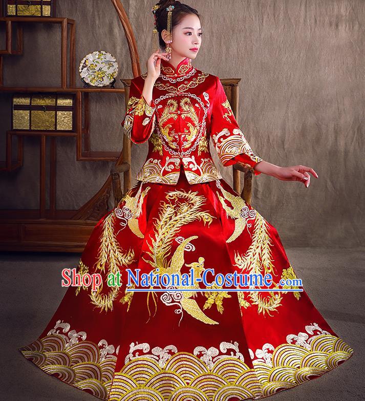 Traditional Chinese Bridal Costumes Ancient Bride Red Longfeng Flown Toast Clothing Wedding Embroidered Phoenix XiuHe Suit for Women