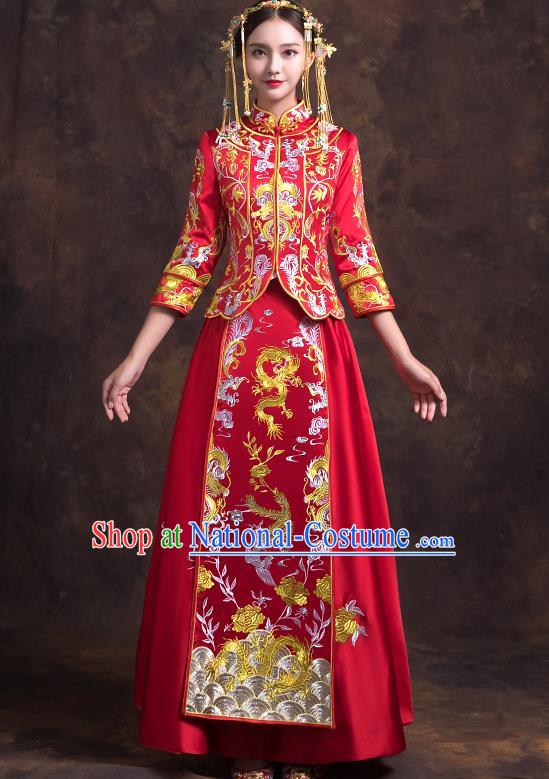 Traditional Chinese Bridal Costumes Ancient Bride Red Embroidered Longfeng Flown Toast Clothing Wedding XiuHe Suit for Women