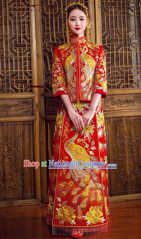 Traditional Chinese Bridal Costumes Ancient Bride Red Embroidered Longfeng Flown Wedding XiuHe Suit for Women