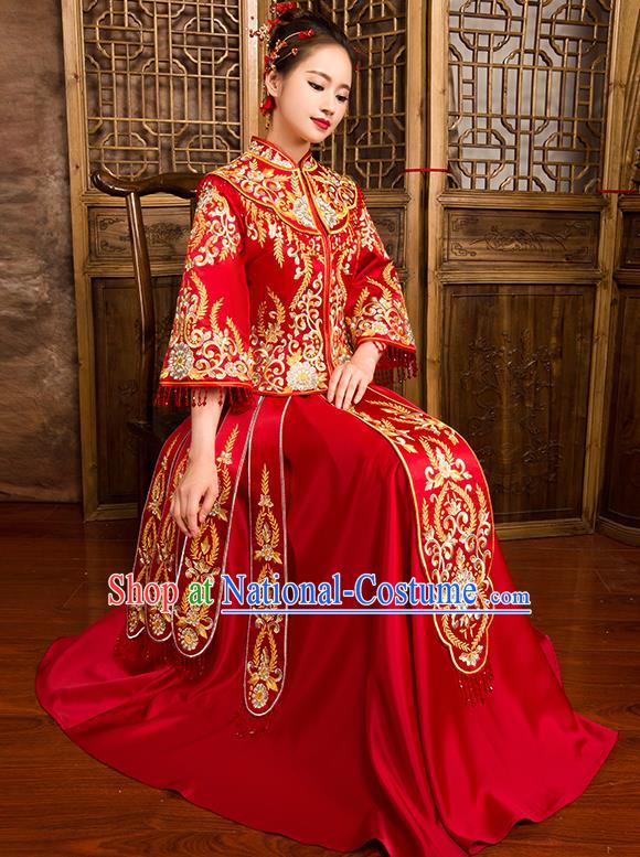 Traditional Chinese Bridal Costumes Ancient Bride Wedding Embroidered Red XiuHe Suit for Women