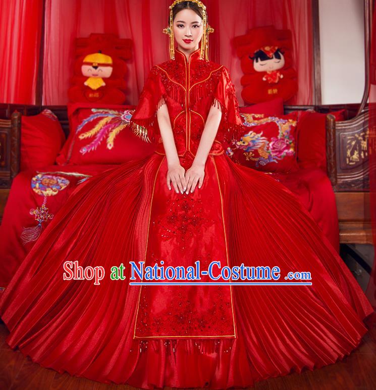 Traditional Chinese Bridal Wedding Costumes Ancient Bride Red Embroidered Longfeng Flown XiuHe Suit for Women