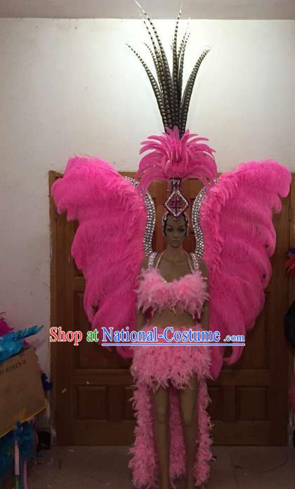 Brazilian Rio Carnival Samba Dance Pink Feather Costumes Catwalks Wings Swimsuit and Headdress for Women