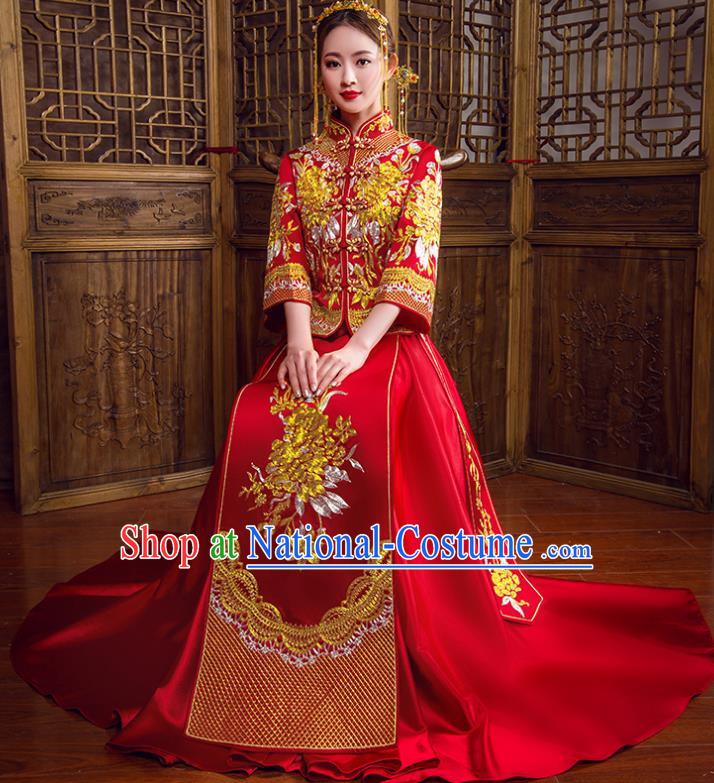 Traditional Chinese Bridal Wedding Costumes Ancient Bride Red Embroidered Peony Longfeng Flown XiuHe Suit for Women