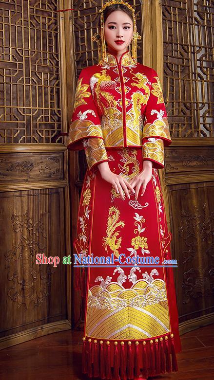 Traditional Chinese Bridal Wedding Costumes Ancient Bride Red Embroidered Dragon Phoenix Longfeng Flown XiuHe Suit for Women