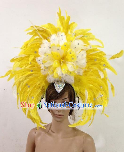 Professional Halloween Catwalks Samba Dance Yellow Feather Hair Accessories Brazilian Rio Carnival Headdress for Women