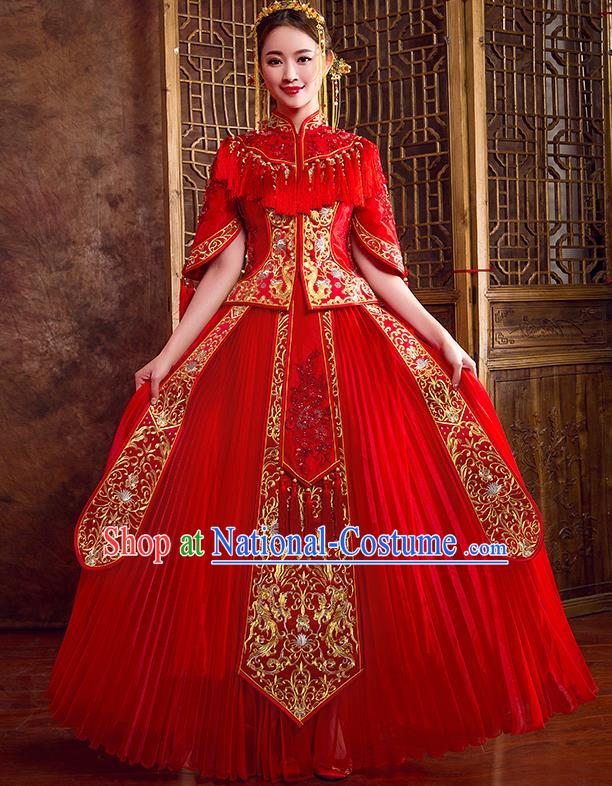 Traditional Chinese Wedding Bridal Costumes Ancient Bride Red Embroidered Full Dress XiuHe Suit for Women