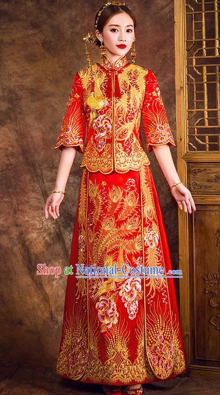 Traditional Chinese Female Wedding Costumes Ancient Embroidered Peony Full Dress Red XiuHe Suit for Bride