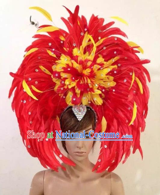 Professional Halloween Catwalks Samba Dance Red Feather Hair Accessories Brazilian Rio Carnival Headdress for Women