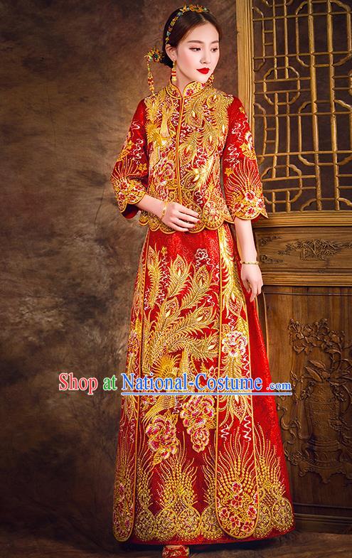 Traditional Chinese Female Wedding Costumes Ancient Embroidered Peony Flowers Full Dress Red XiuHe Suit for Bride