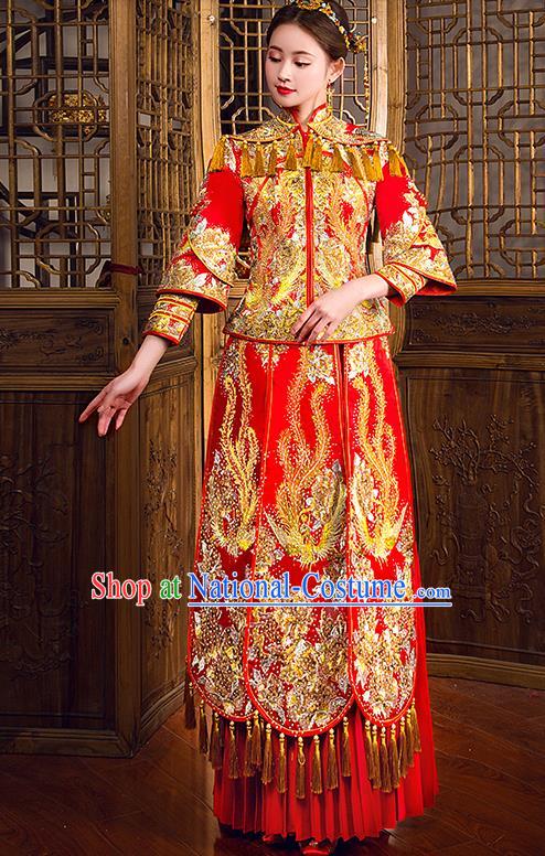 Traditional Chinese Female Wedding Costumes Ancient Embroidered Diamante Full Dress Red XiuHe Suit for Bride