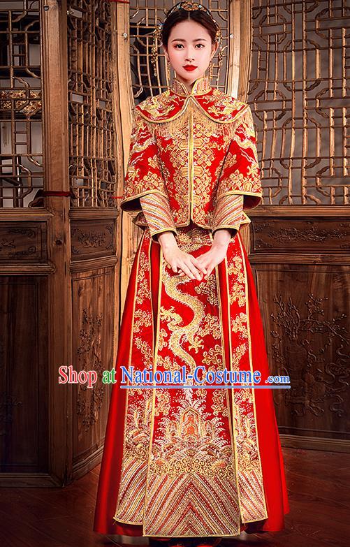 Traditional Chinese Female Wedding Costumes Ancient Embroidered Dragon Diamante Full Dress Red XiuHe Suit for Bride