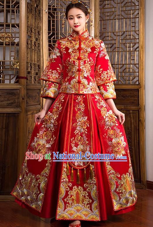 Traditional Chinese Female Wedding Costumes Ancient Embroidered Peony Diamante Full Dress Red XiuHe Suit for Bride