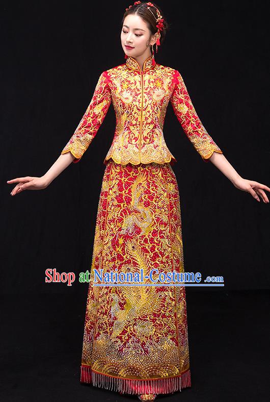 Traditional Chinese Female Wedding Costumes Ancient Embroidered Phoenix Red Full Dress XiuHe Suit for Bride