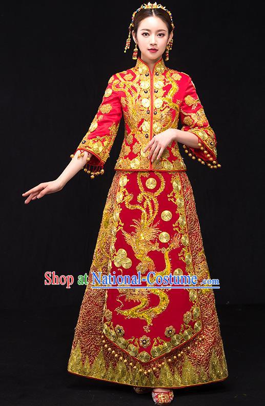 Traditional Chinese Female Wedding Costumes Ancient Embroidered Dragon Phoenix Red Full Dress XiuHe Suit for Bride