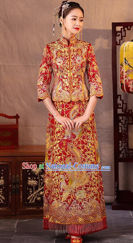 Traditional Chinese Style Female Wedding Costumes Ancient Embroidered Dragon Phoenix Red Full Dress XiuHe Suit for Bride