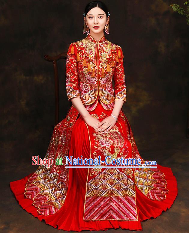 Traditional Chinese Style Female Wedding Costumes Ancient Embroidered Phoenix Peony Red Full Dress XiuHe Suit for Bride