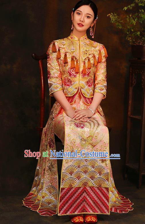 Traditional Chinese Style Female Wedding Costumes Ancient Embroidered Phoenix Peony Pink Full Dress XiuHe Suit for Bride