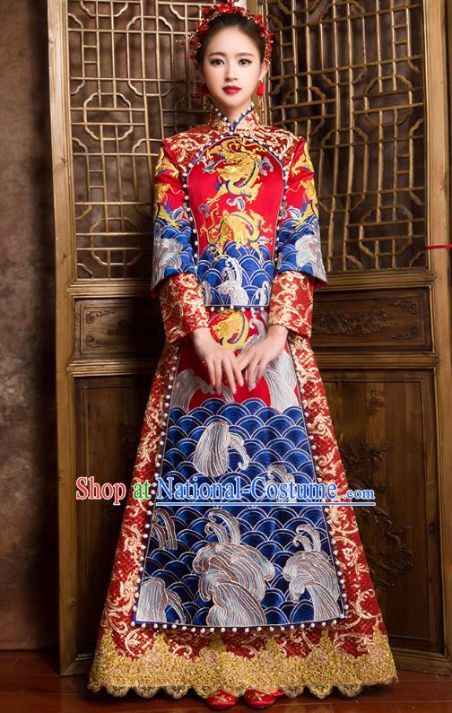 Traditional Chinese Bridal Costumes Ancient Bride Wedding Embroidered Dragons XiuHe Suit for Women