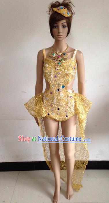 Brazilian Rio Carnival Samba Dance Costumes Catwalks Golden Trailing Swimwear Dress for Women