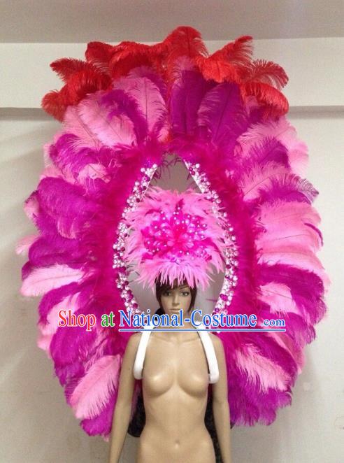 Customized Halloween Catwalks Props Brazilian Rio Carnival Samba Dance Rosy and Pink Feather Deluxe Wings and Headwear for Women