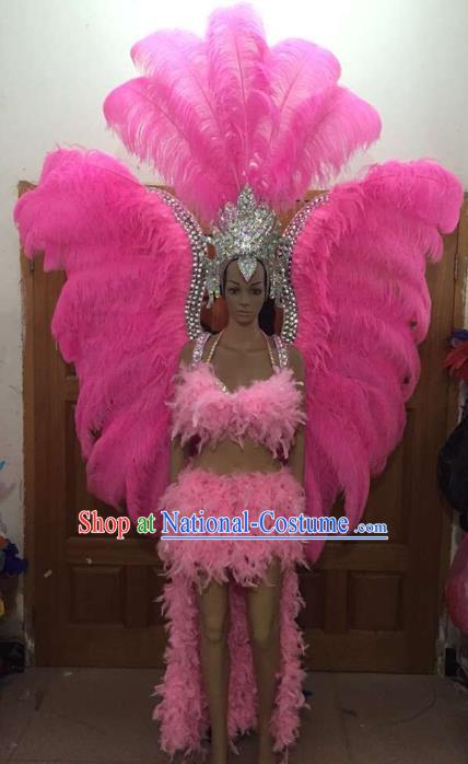 Brazilian Rio Carnival Samba Dance Pink Feather Costumes Catwalks Deluxe Wings Swimsuit and Headdress for Women