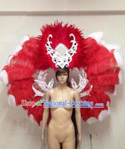 Customized Halloween Catwalks Props Brazilian Rio Carnival Samba Dance Red and White Feather Deluxe Wings and Headwear for Women