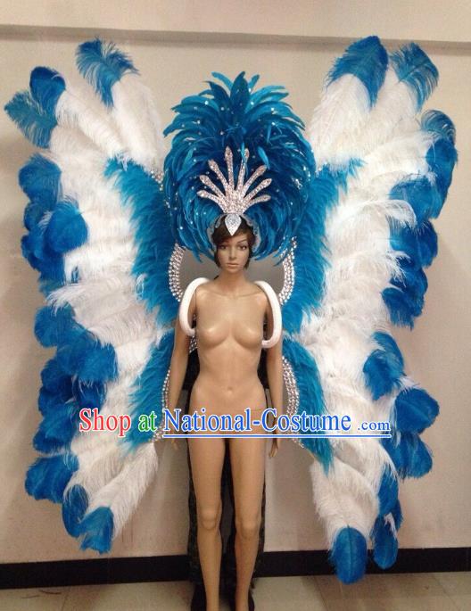 Customized Halloween Catwalks Props Brazilian Rio Carnival Samba Dance Blue and White Butterfly Feather Deluxe Wings and Headwear for Women