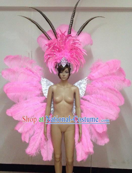 Customized Halloween Catwalks Props Brazilian Rio Carnival Samba Dance Pink Feather Deluxe Butterfly Wings and Headwear for Women