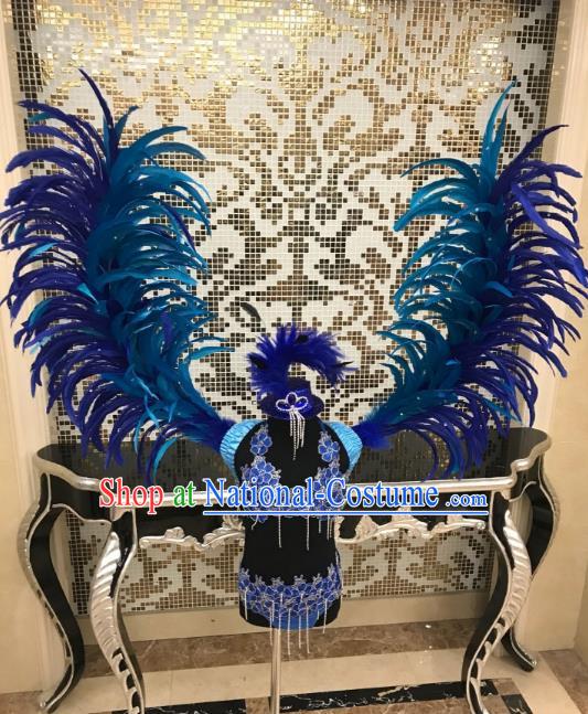 Brazilian Rio Carnival Samba Dance Costumes Catwalks Blue Feather Swimwear and Wings for Kids