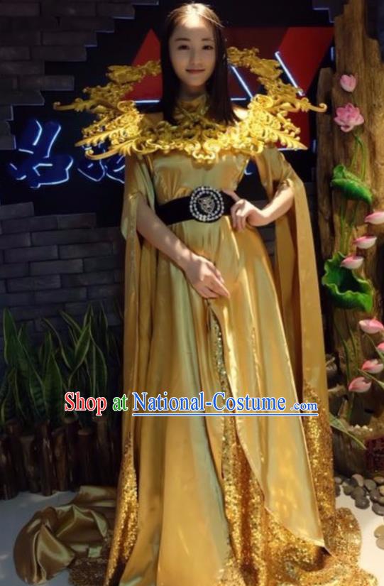 Top Grade Catwalks Costume Stage Performance Golden Dress for Women