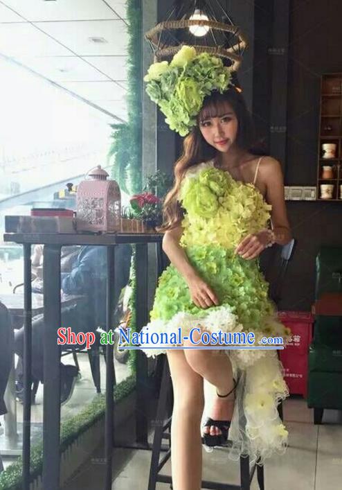 Top Grade Catwalks Costume Halloween Stage Performance Brazilian Carnival Green Flowers Dress for Women