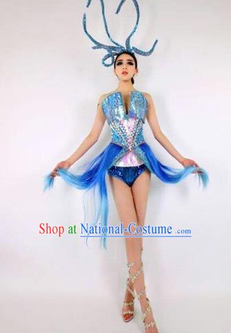 Top Grade Catwalks Costume Blue Dress Halloween Stage Performance Brazilian Carnival Clothing for Women