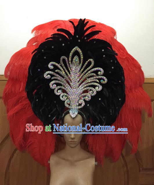 Professional Samba Dance Deluxe Hair Accessories Brazilian Rio Carnival Red and Black Feather Headdress for Women