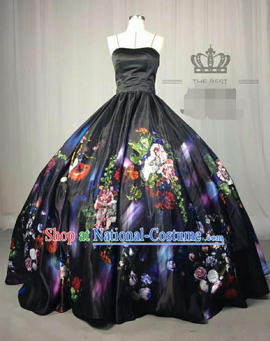 Top Grade Catwalks Printing Flowers Black Full Dress Costume Stage Performance Brazilian Carnival Clothing for Women