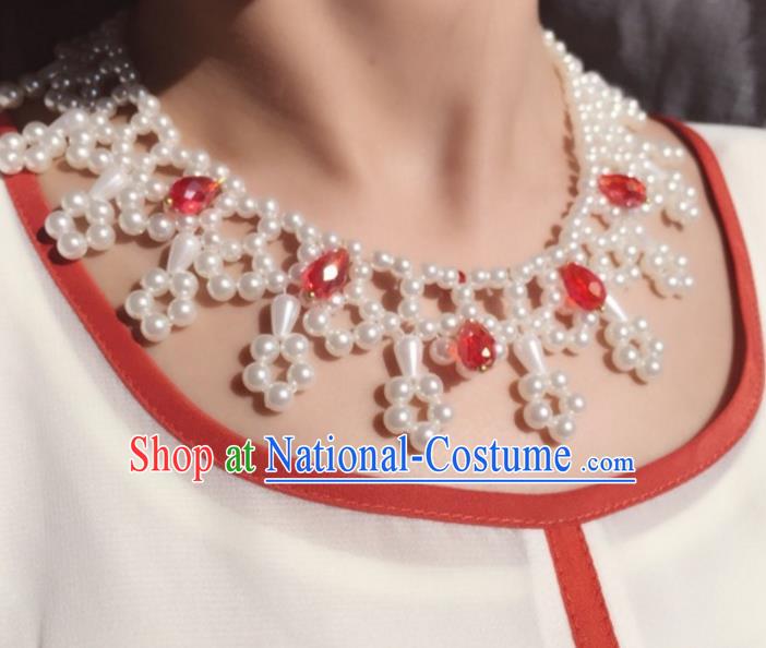 Handmade Chinese Traditional Accessories Hanfu Red Crystal Necklace for Women