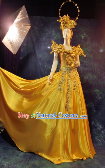 Top Grade Catwalks Golden Costume Yellow Dress Stage Performance Model Show Brazilian Carnival Clothing for Women