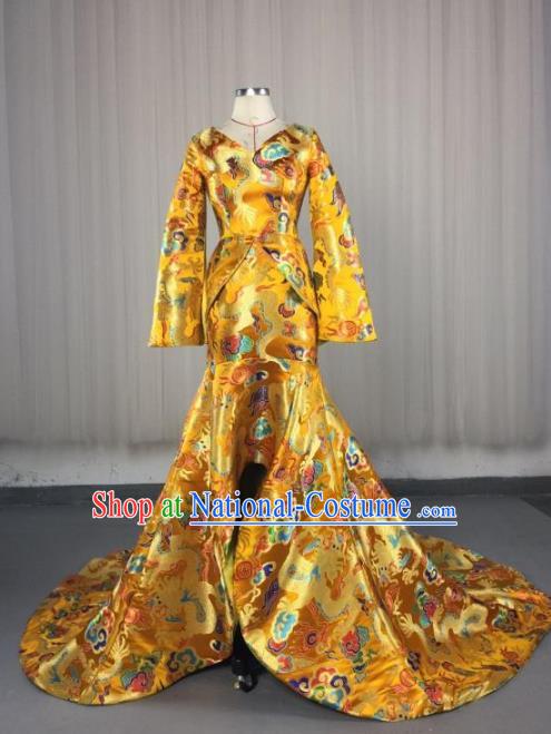 Top Grade Chinese Catwalks Costume Halloween Stage Performance Yellow Cheongsam Dress Brazilian Carnival Clothing for Women